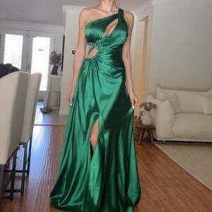 La Femme prom Emerald Satin One Shoulder Cutout Beaded Evening Gown